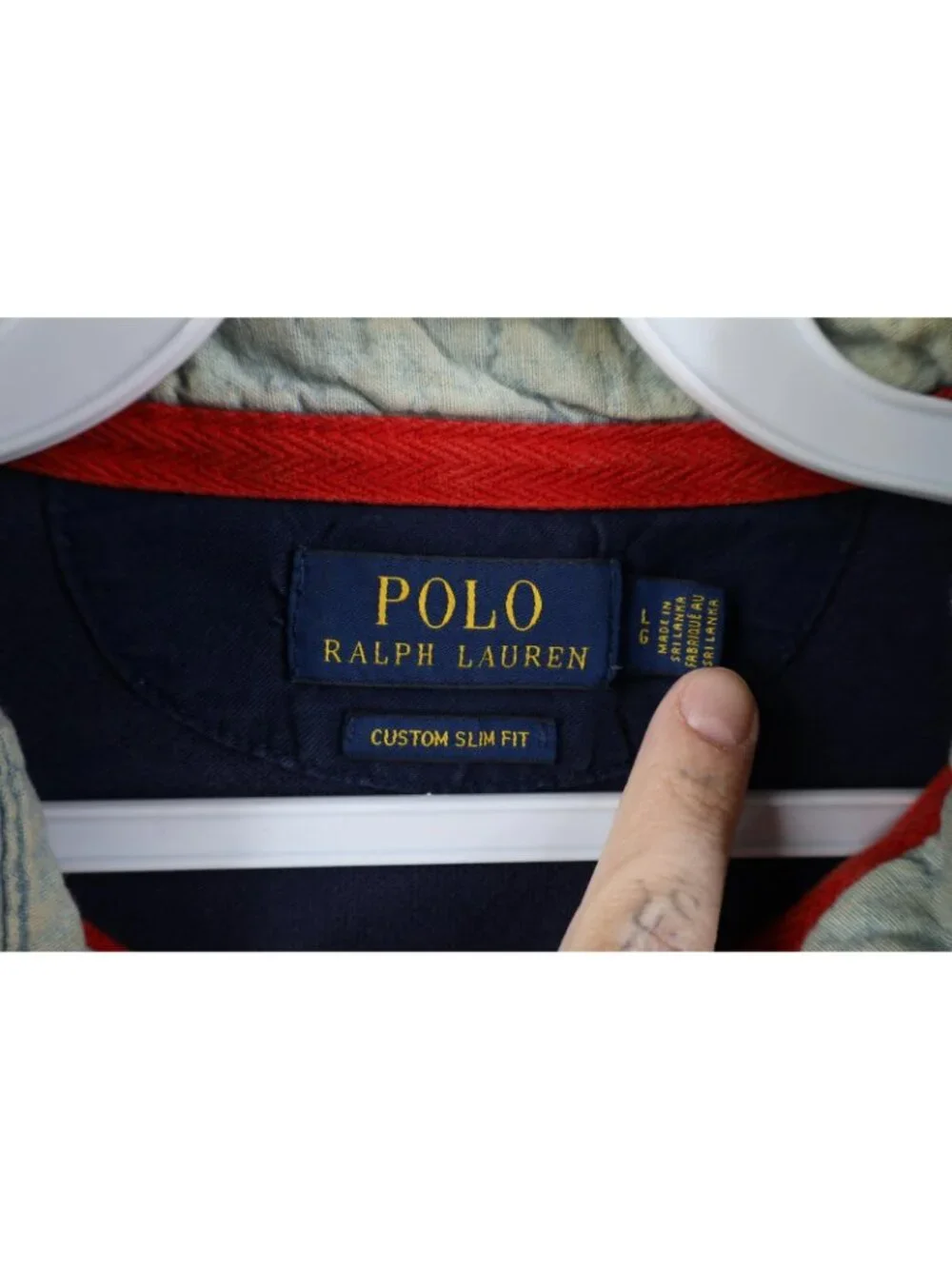 Vintage Ralph Lauren Mens Large Chambray Collar USA Flag Rugby Polo Shirt Blue